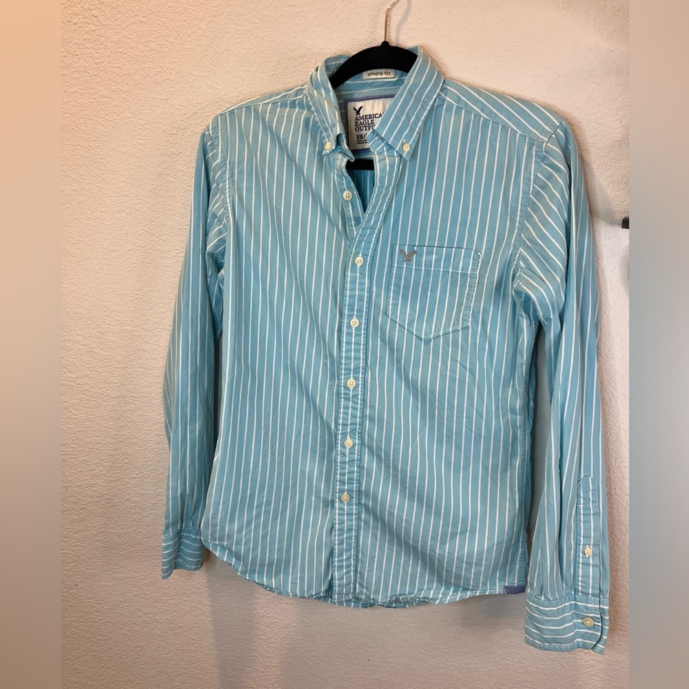 American Eagle Outfitters Teal Blue Striped Button Up Athletic Fit Shirt Sz XS